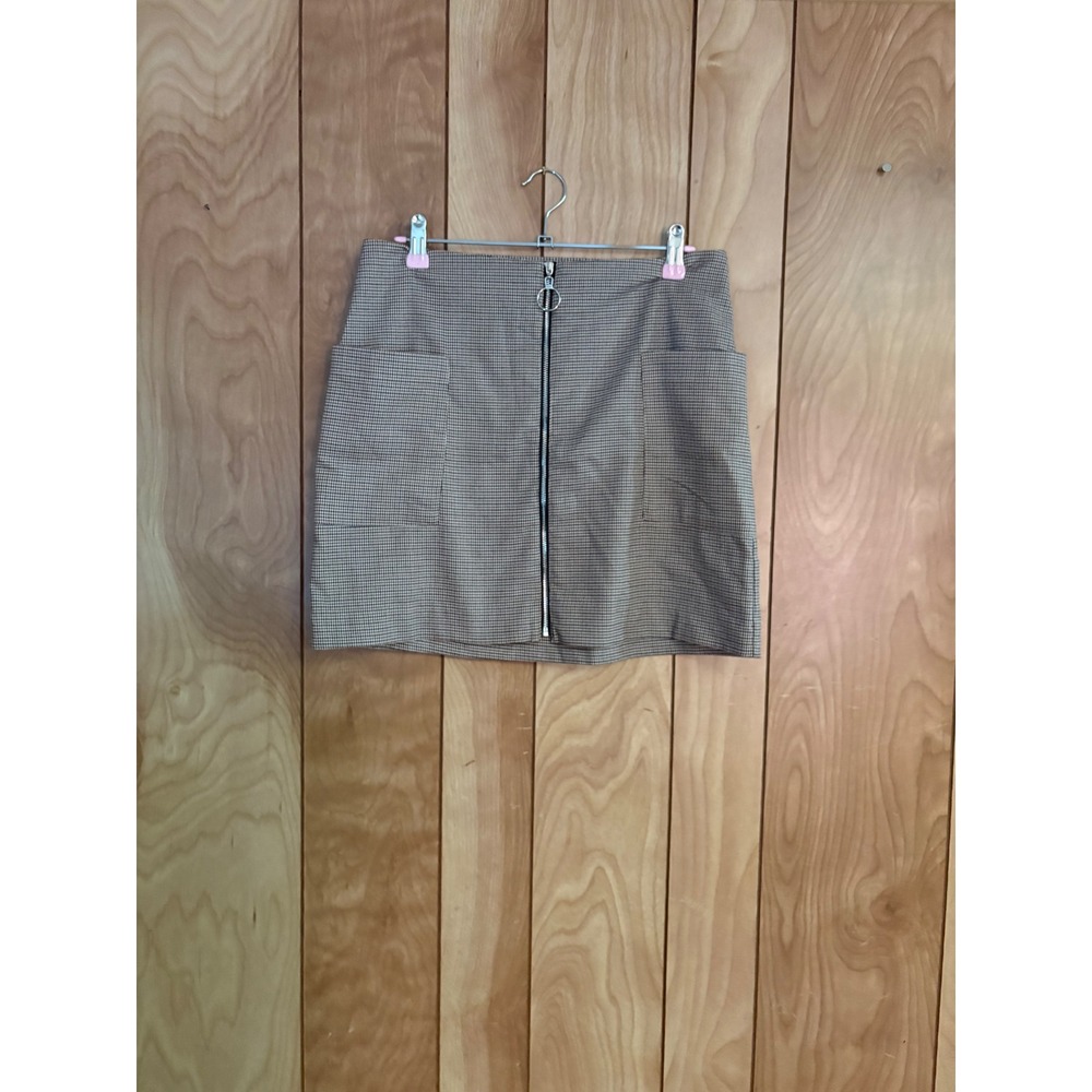 Pimkie Collection Brown Houndstooth O-Ring Zip Front Mini Skirt Size 36 EU 6 US